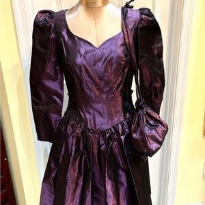Purple Taffeta Party Dress with Puffed Sleeves with Matching Bag and Headband